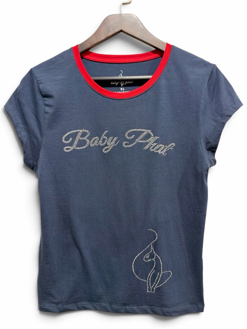 Baby Phat XL Rhinestone Logo Cat Ringer Tee Y2K McBling Navy Red